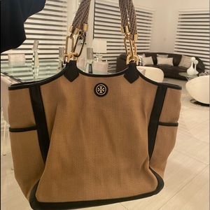 Tan Straw Bag with Black Lining